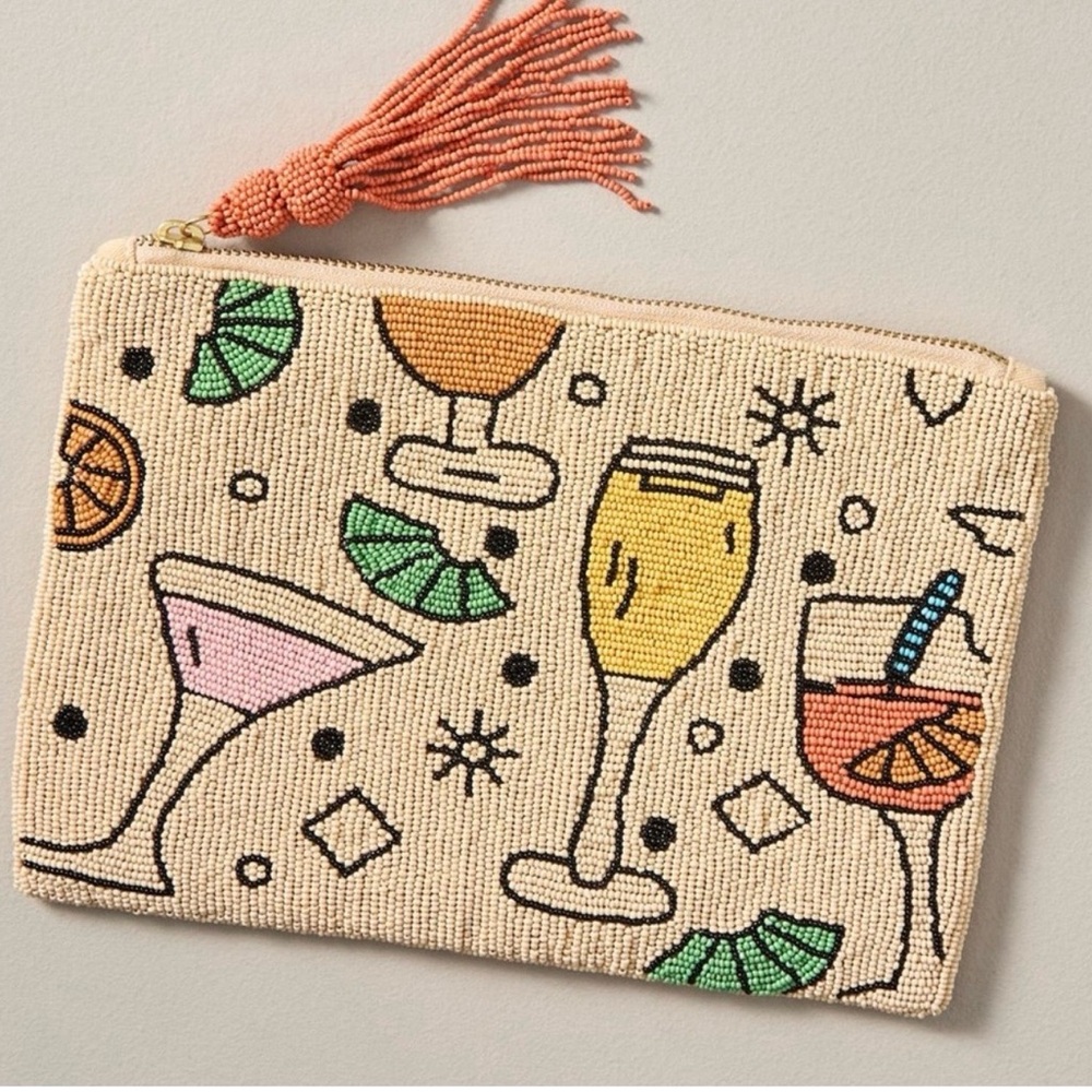 Anthropologie Beaded Tassel Clutch in Coral and Multicolor